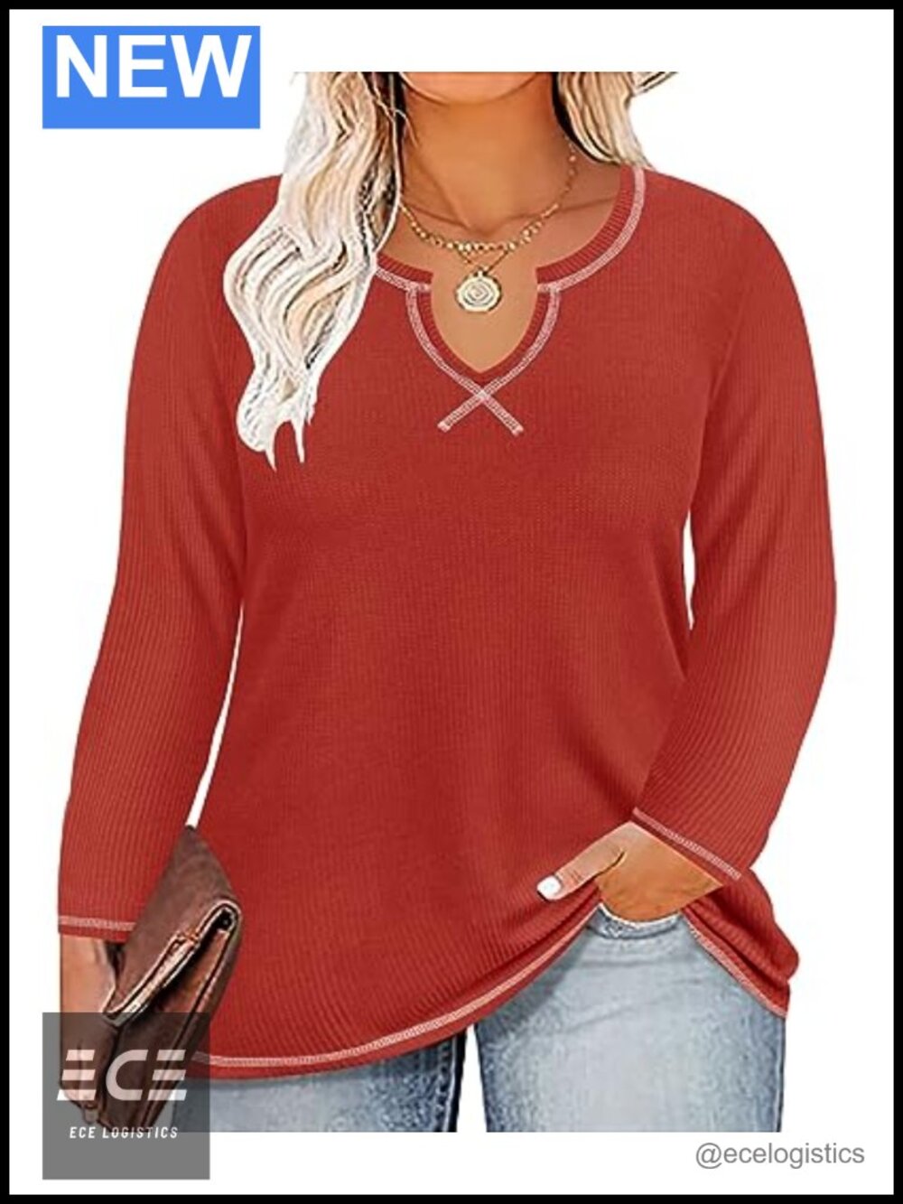 Plus Size Long Sleeve V-Neck Waffle Knit Tunic Top Flowy Hem Fall Winter